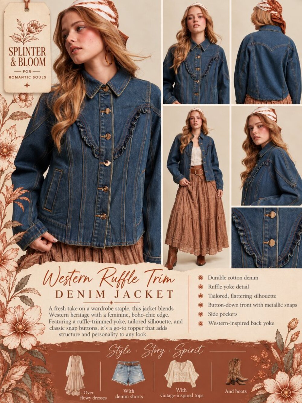NWT Listicle Western Ruffle Trim Denim Jacket Mellow Indigo